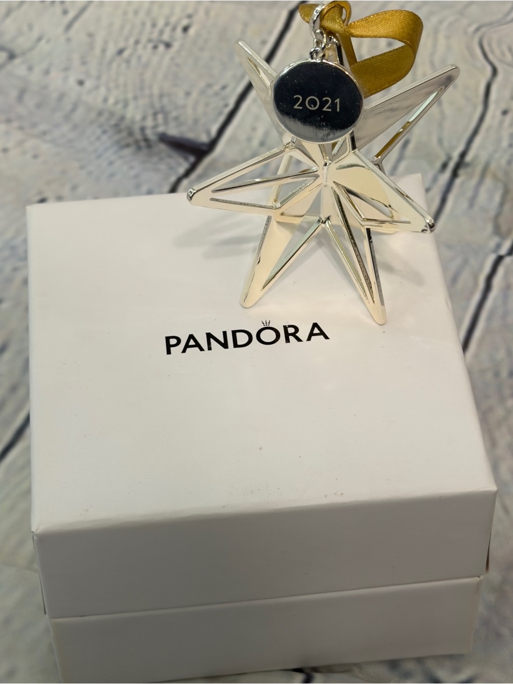 Pandora Silver Star Ornament with Gold Ribbon and 2021 Charm